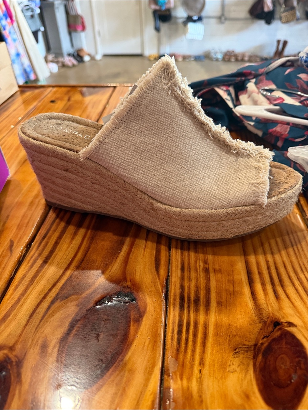 Beige Frayed Espadrille Wedge Slide